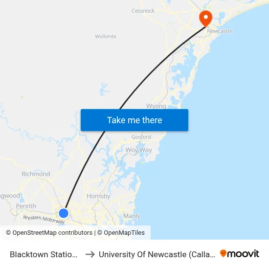 Blacktown Station, Stand M to University Of Newcastle (Callaghan Campus) map