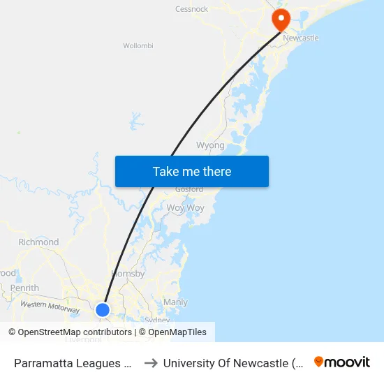 Parramatta Leagues Club, O'Connell St to University Of Newcastle (Callaghan Campus) map
