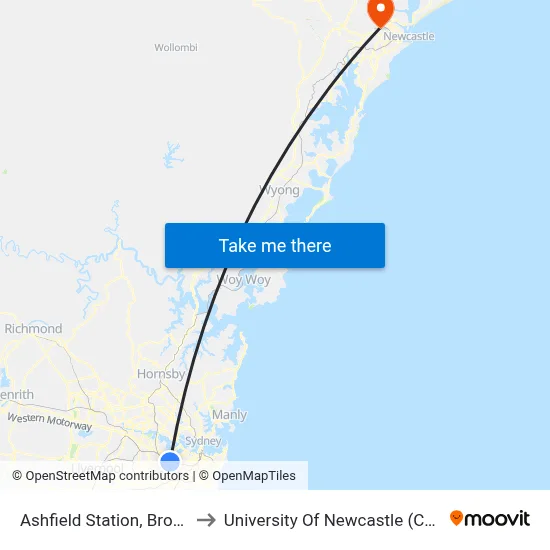 Ashfield Station, Brown St, Stand C to University Of Newcastle (Callaghan Campus) map