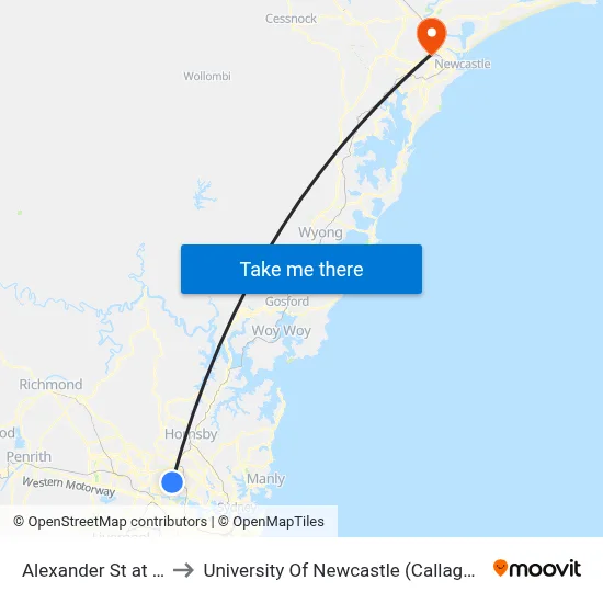 Alexander St at Hart St to University Of Newcastle (Callaghan Campus) map