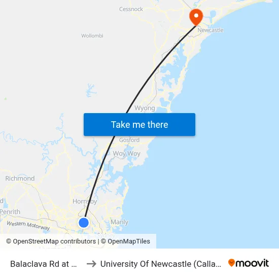 Balaclava Rd at Hunts Ave to University Of Newcastle (Callaghan Campus) map