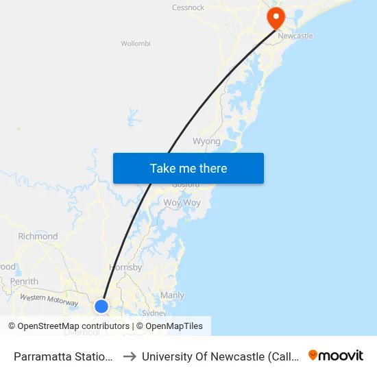 Parramatta Station, Stand B3 to University Of Newcastle (Callaghan Campus) map