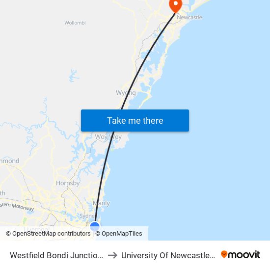 Westfield Bondi Junction, Oxford St, Stand B to University Of Newcastle (Callaghan Campus) map