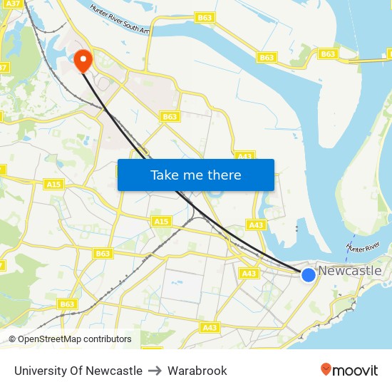 University Of Newcastle to Warabrook map