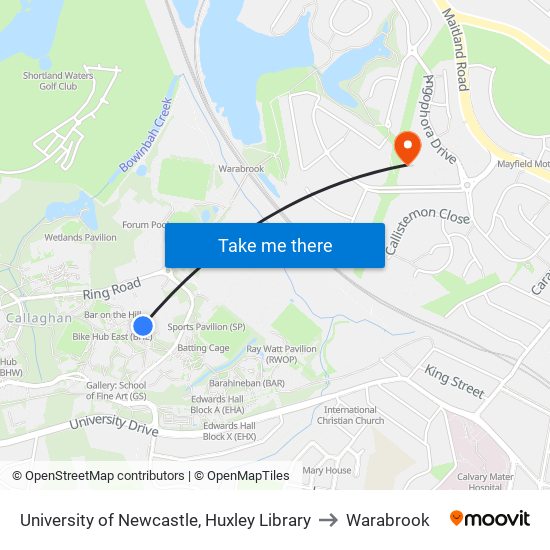 University Of Newcastle, Huxley Library to Warabrook map