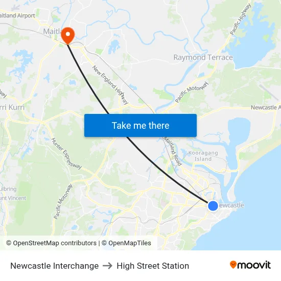 Newcastle Interchange to High Street Station map