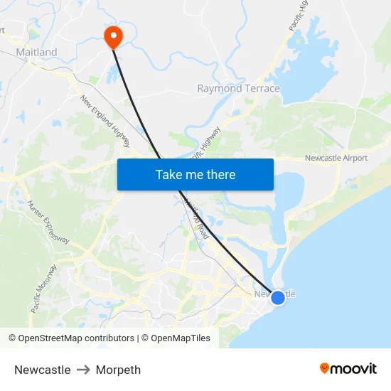 Newcastle to Morpeth map