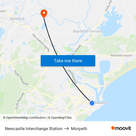 Newcastle Interchange Station to Morpeth map