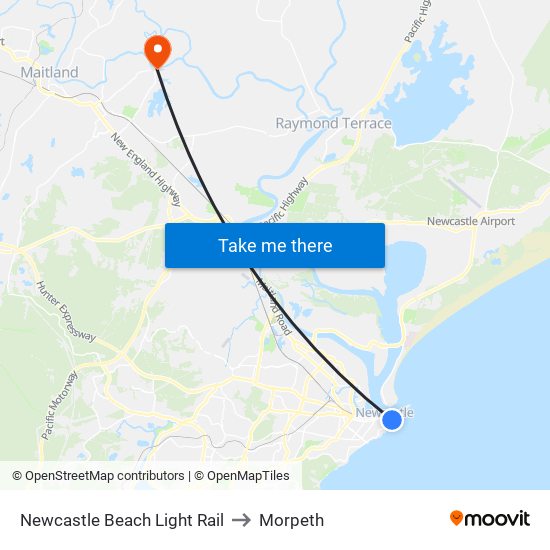 Newcastle Beach Light Rail to Morpeth map