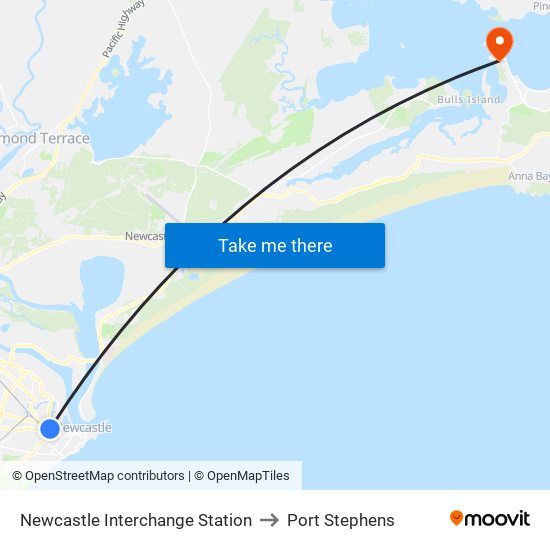 Newcastle Interchange to Port Stephens map