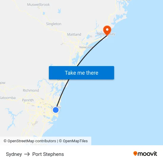 Sydney to Port Stephens map