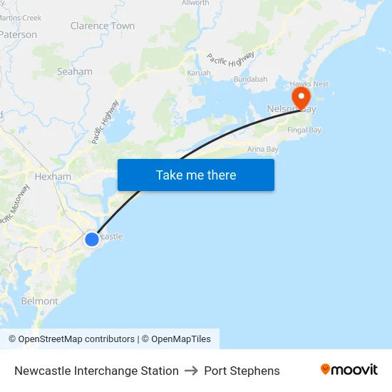 Newcastle Interchange Station to Port Stephens map