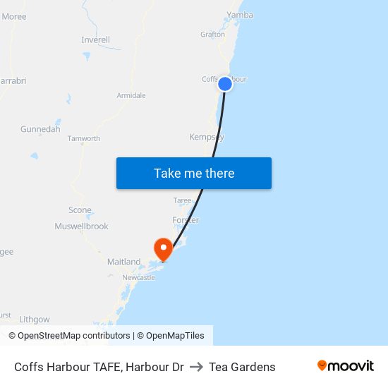 Coffs Harbour TAFE, Harbour Dr to Tea Gardens map