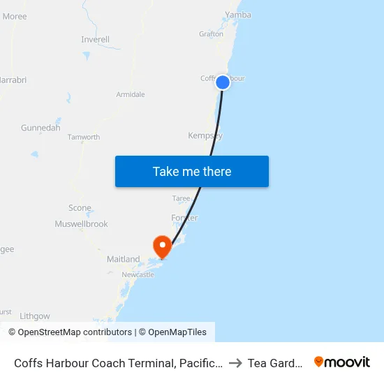 Coffs Harbour Coach Terminal, Pacific Hwy to Tea Gardens map