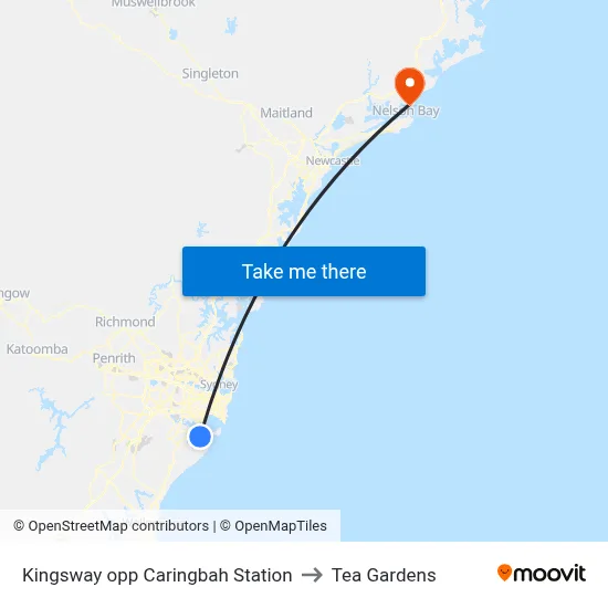 Kingsway opp Caringbah Station to Tea Gardens map