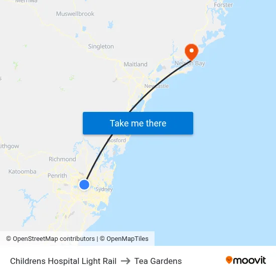 Childrens Hospital Light Rail to Tea Gardens map