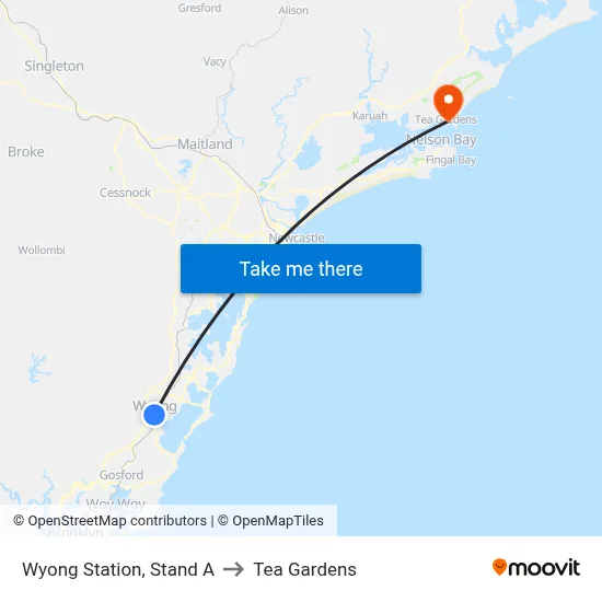 Wyong Station, Stand A to Tea Gardens map