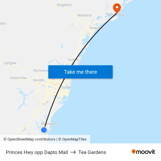 Princes Hwy opp Dapto Mall to Tea Gardens map