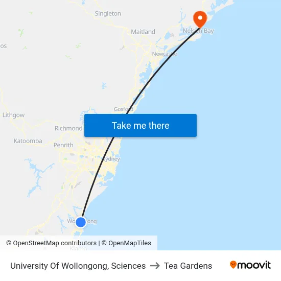 University Of Wollongong, Sciences to Tea Gardens map