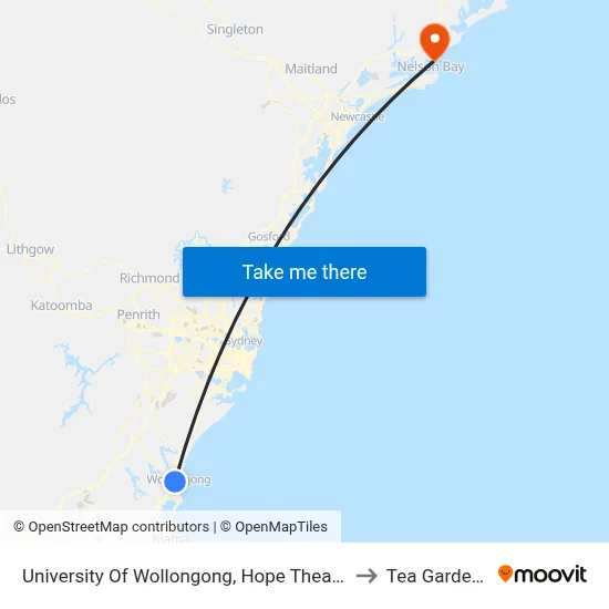 University Of Wollongong, Hope Theatre to Tea Gardens map