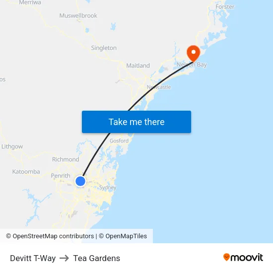 Devitt T-Way to Tea Gardens map