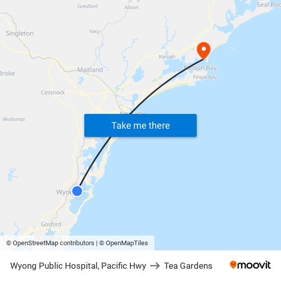 Wyong Public Hospital, Pacific Hwy to Tea Gardens map