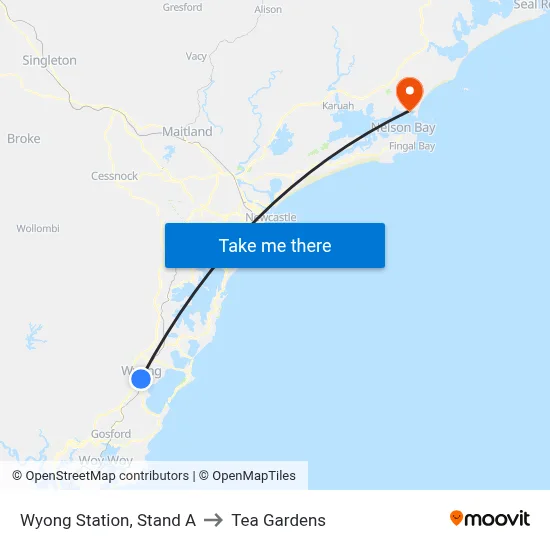 Wyong Station, Stand A to Tea Gardens map