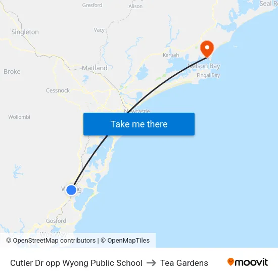 Cutler Dr opp Wyong Public School to Tea Gardens map