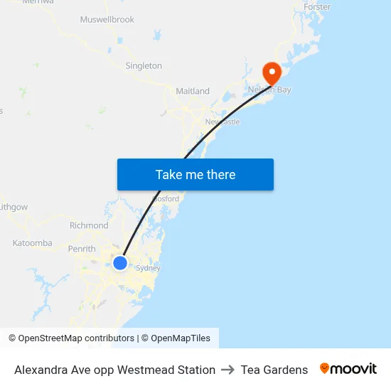 Alexandra Ave opp Westmead Station to Tea Gardens map