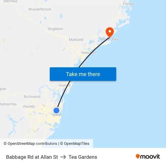 Babbage Rd at Allan St to Tea Gardens map