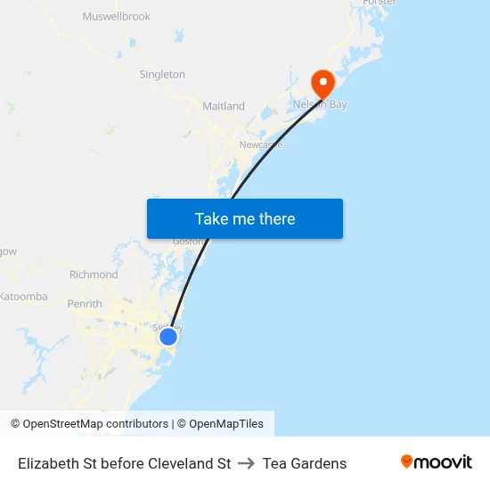 Elizabeth St before Cleveland St to Tea Gardens map