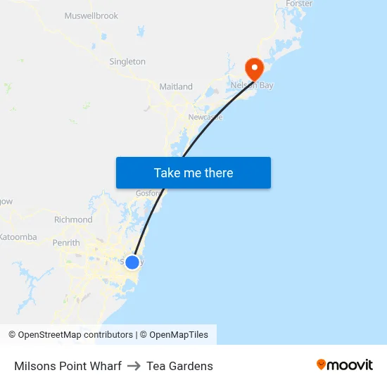 Milsons Point Wharf to Tea Gardens map