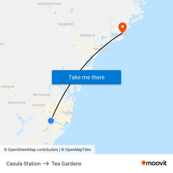 Casula Station to Tea Gardens map