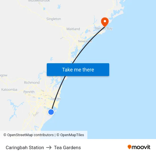 Caringbah Station to Tea Gardens map