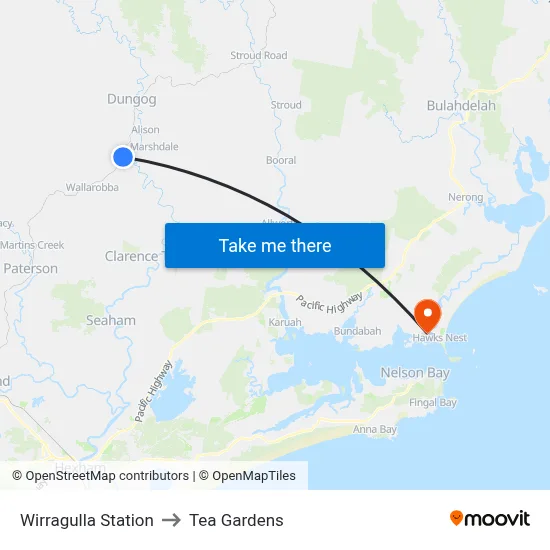 Wirragulla Station to Tea Gardens map