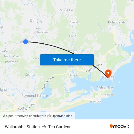 Wallarobba Station to Tea Gardens map