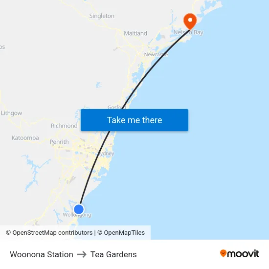 Woonona Station to Tea Gardens map