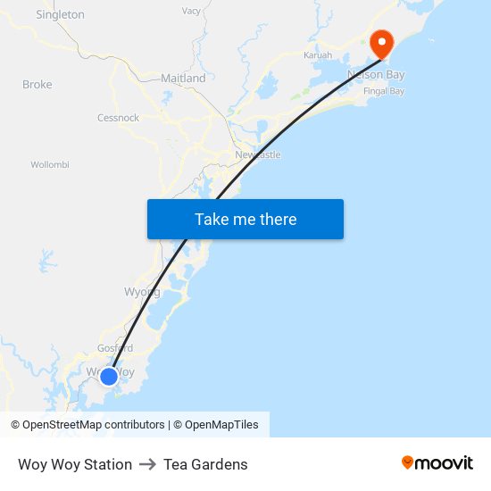 Woy Woy Station to Tea Gardens map