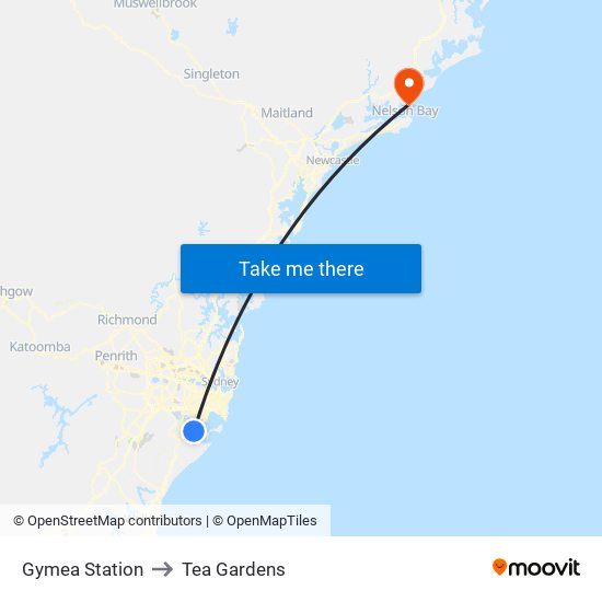 Gymea Station to Tea Gardens map