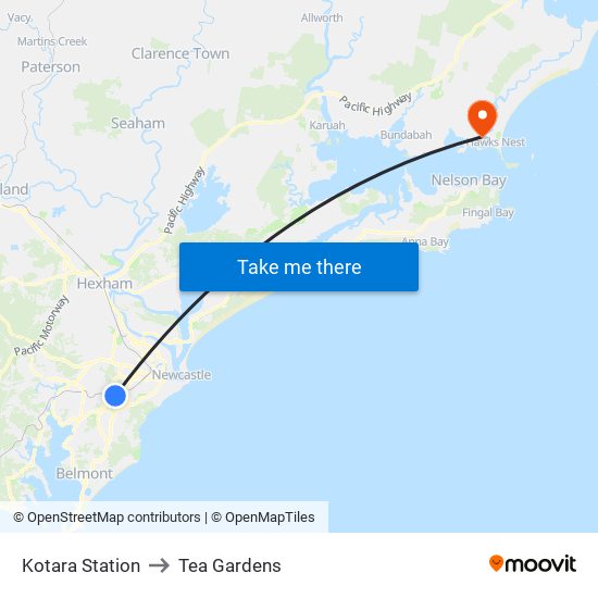 Kotara Station to Tea Gardens map