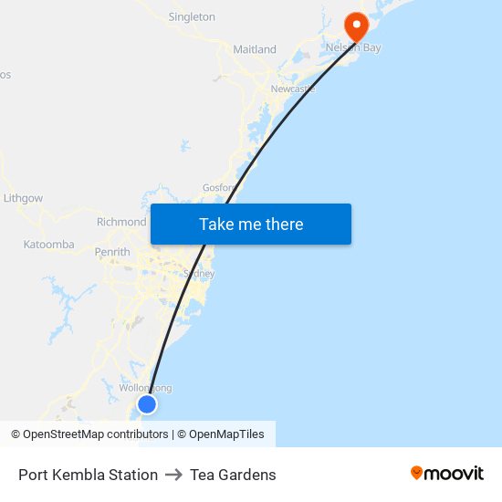 Port Kembla Station to Tea Gardens map