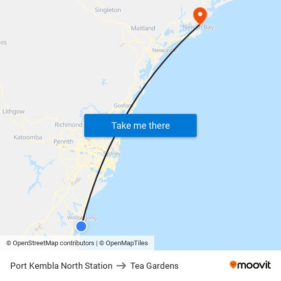 Port Kembla North Station to Tea Gardens map