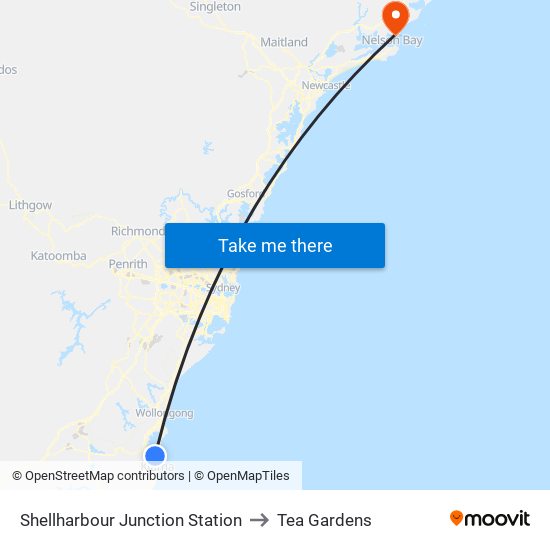 Shellharbour Junction Station to Tea Gardens map