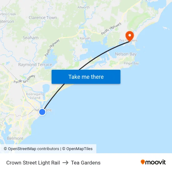 Crown Street Light Rail to Tea Gardens map