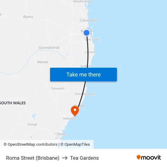 Brisbane Station to Tea Gardens map
