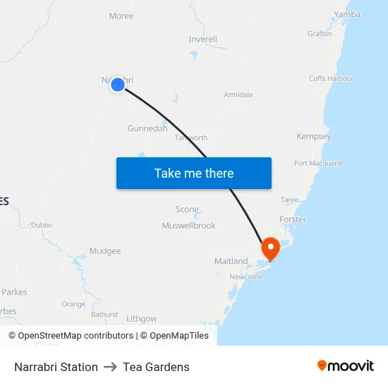 Narrabri Station to Tea Gardens map