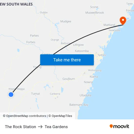The Rock Station to Tea Gardens map