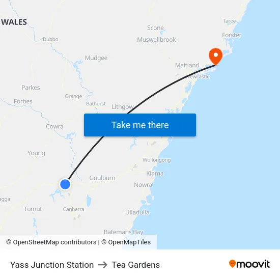 Yass Junction to Tea Gardens map