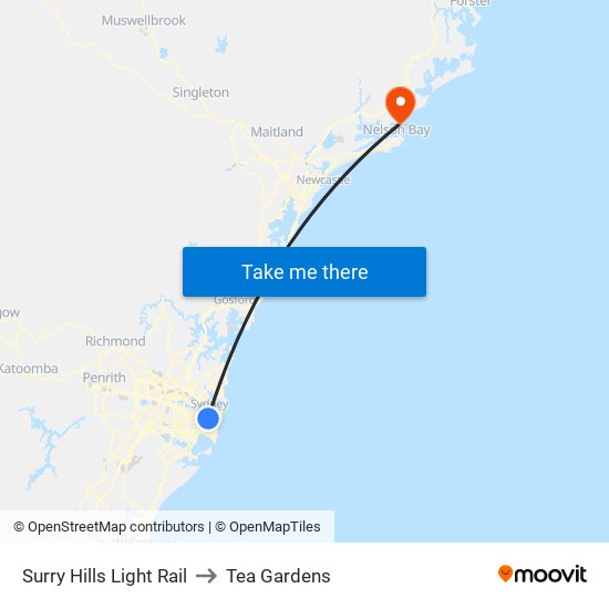Surry Hills Light Rail to Tea Gardens map