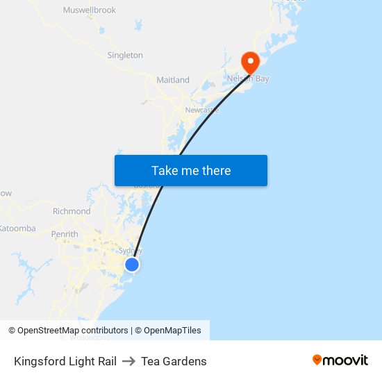 Kingsford Light Rail to Tea Gardens map